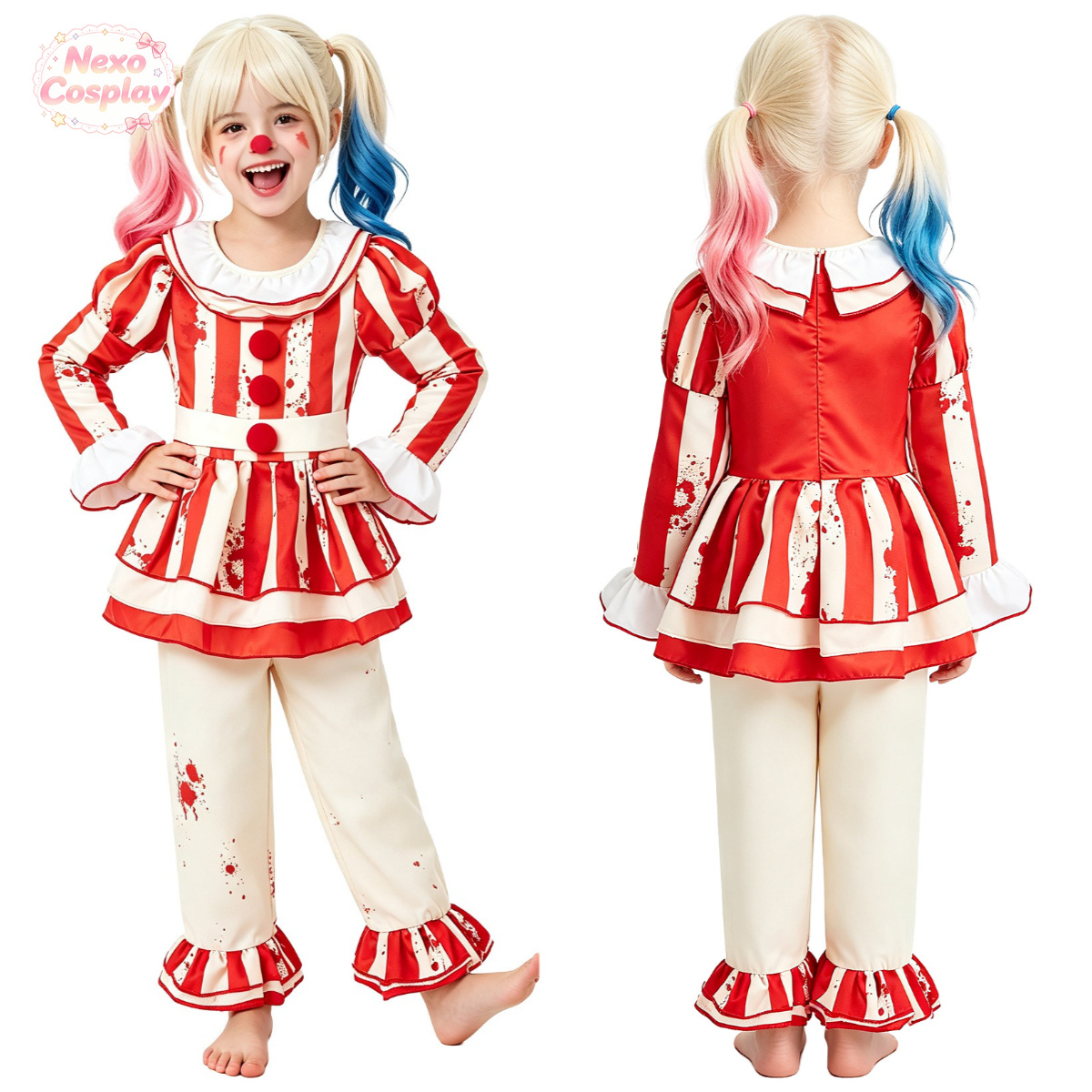 Anime Cosplay Red - Setelan Badut Horor Bergaris Merah Putih